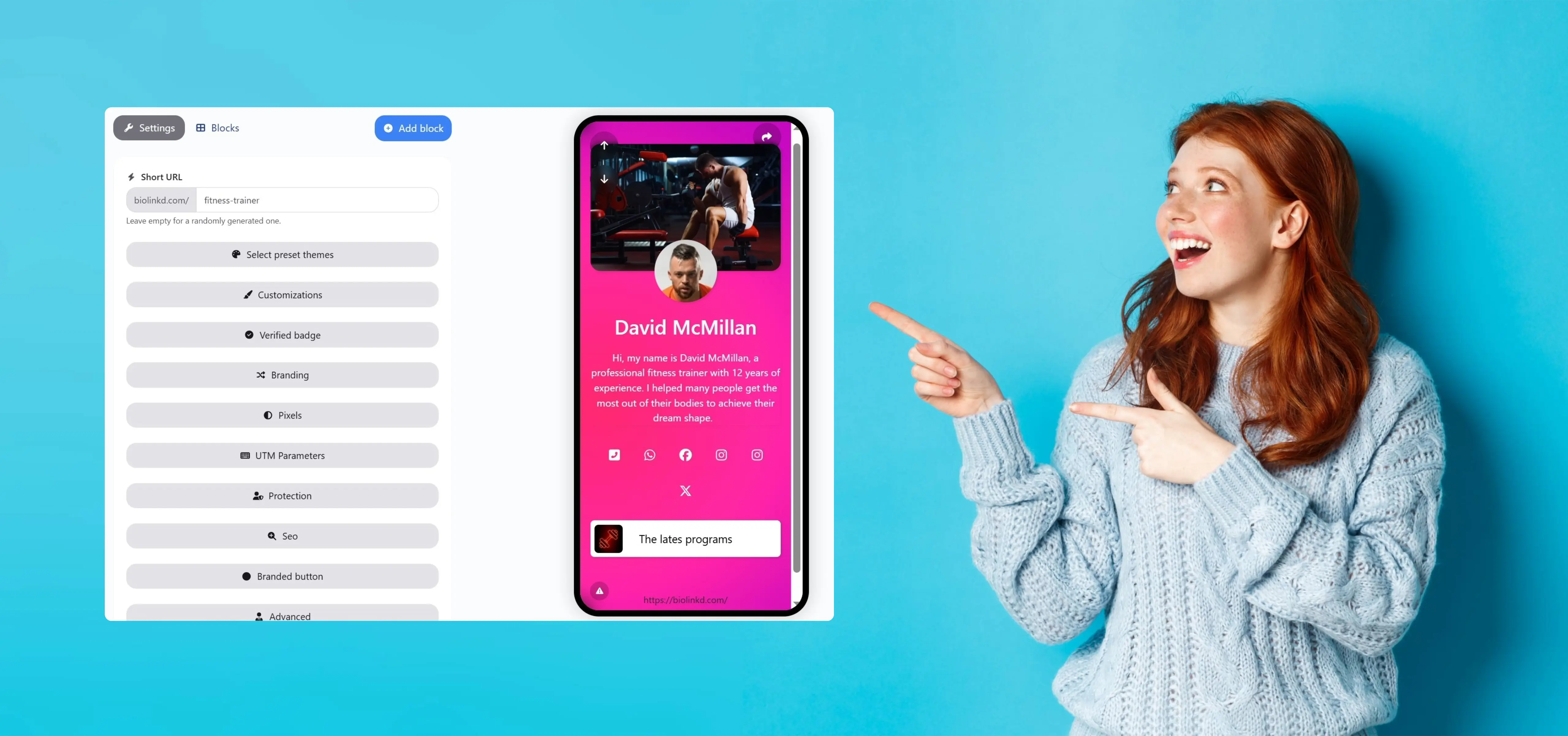 A clean, modern bio link mini landing page displayed on a smartphone, showing a professional link-in-bio layout with clear buttons, branding elements, and a focused call-to-action for creators and businesses.