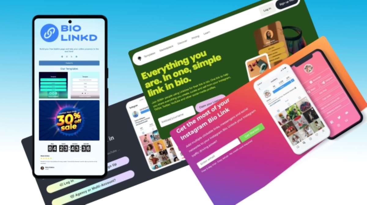 A modern comparison of bio link platforms displayed on a laptop and smartphone, showing clean link-in-bio mini landing pages with branded buttons, analytics indicators, and customizable layouts designed for creators and businesses.
