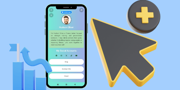 A modern link-in-bio mini landing page shown on a smartphone, featuring a clean layout, prominent call-to-action buttons, analytics indicators, and a clear design optimized to increase link-in-bio clicks for creators and brands.